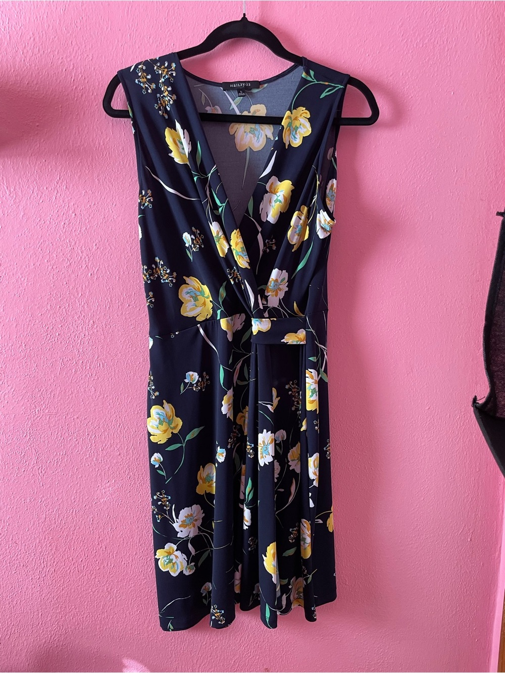 Sleeveless Black Midi Wrap Dress with Yellow Floral Print